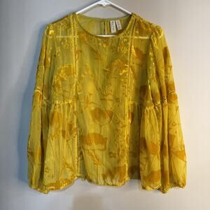 Meadow‎ Rue Sheer Velvet Burnout Blouse 2 Gold Floral Peasant Anthropologie Sz 4
